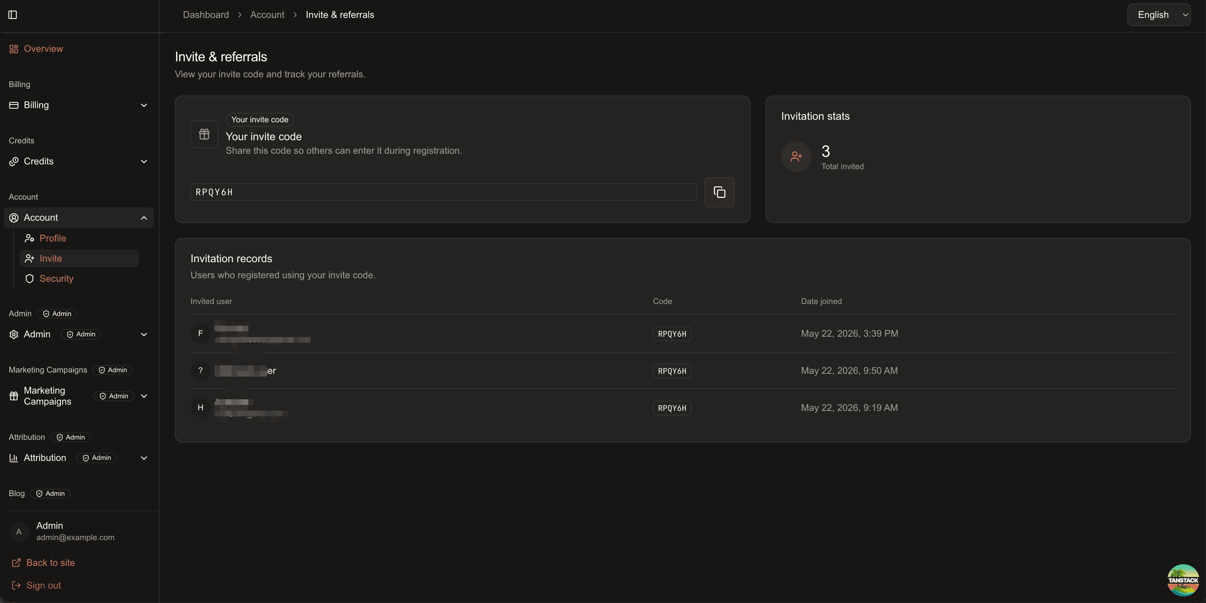 Invitation system dashboard screenshot